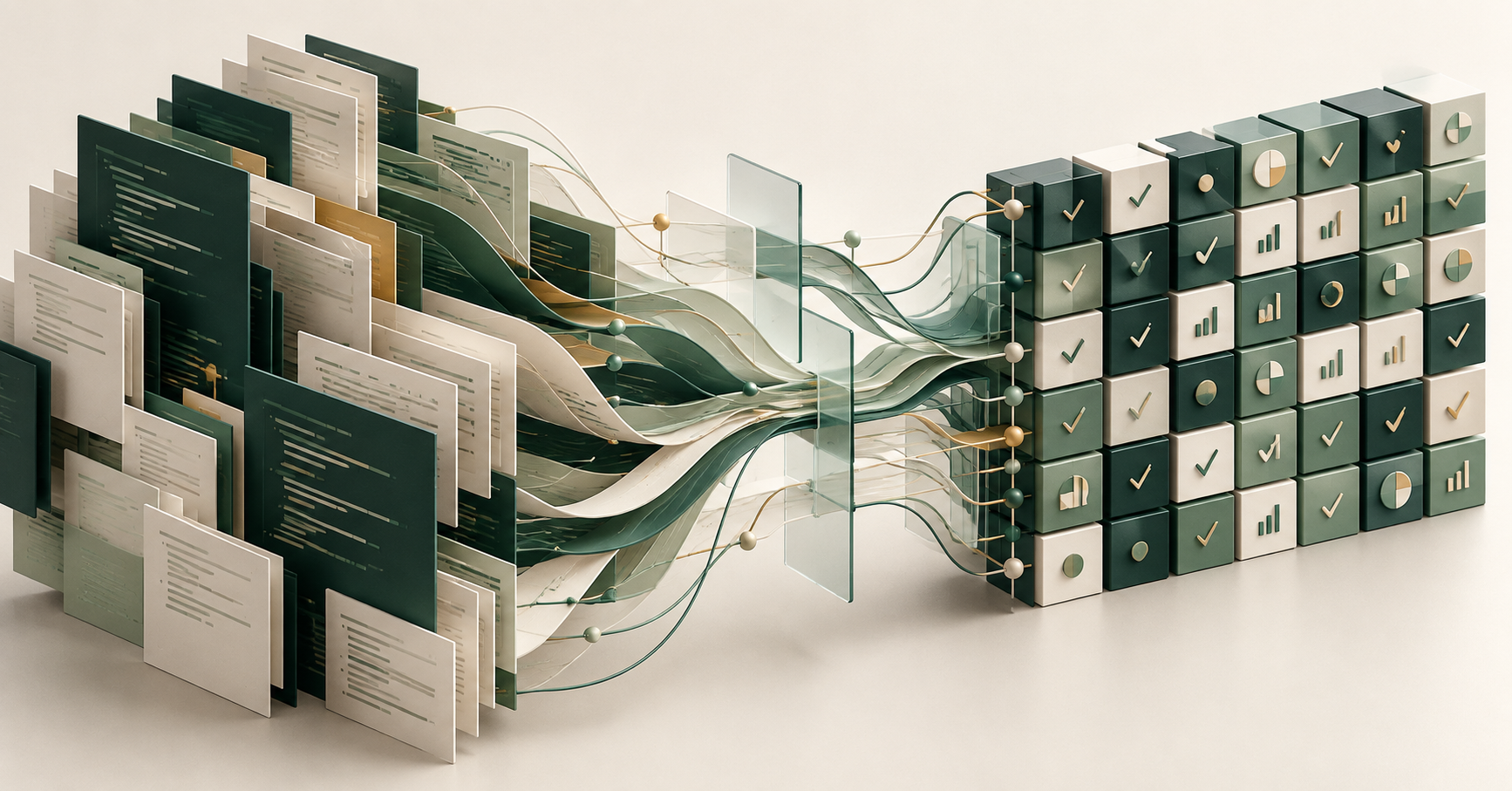 Abstract layers of code flowing into an orderly grid of evaluation tiles, in teal and ivory.