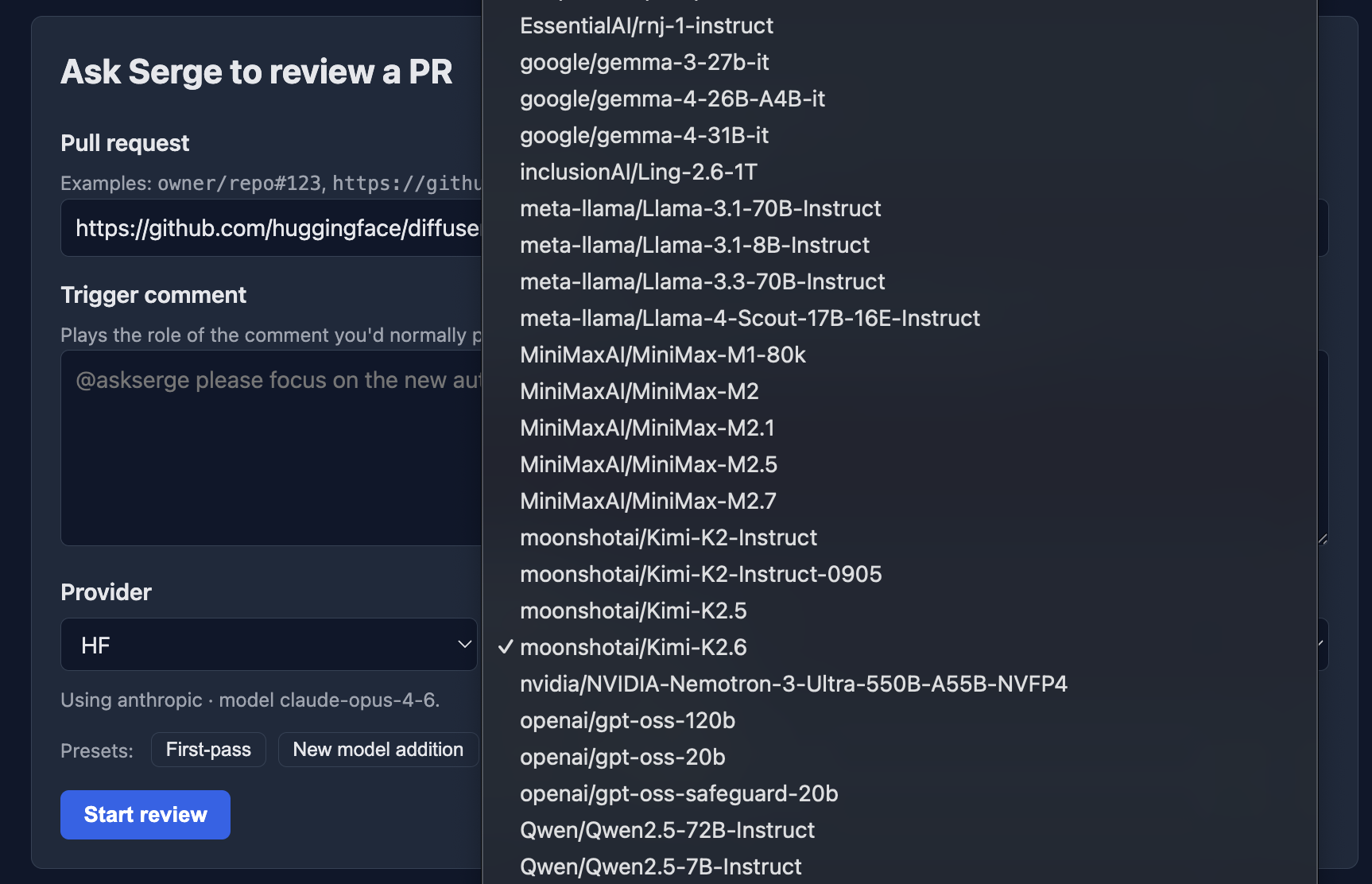 Model dropdown on the new review page